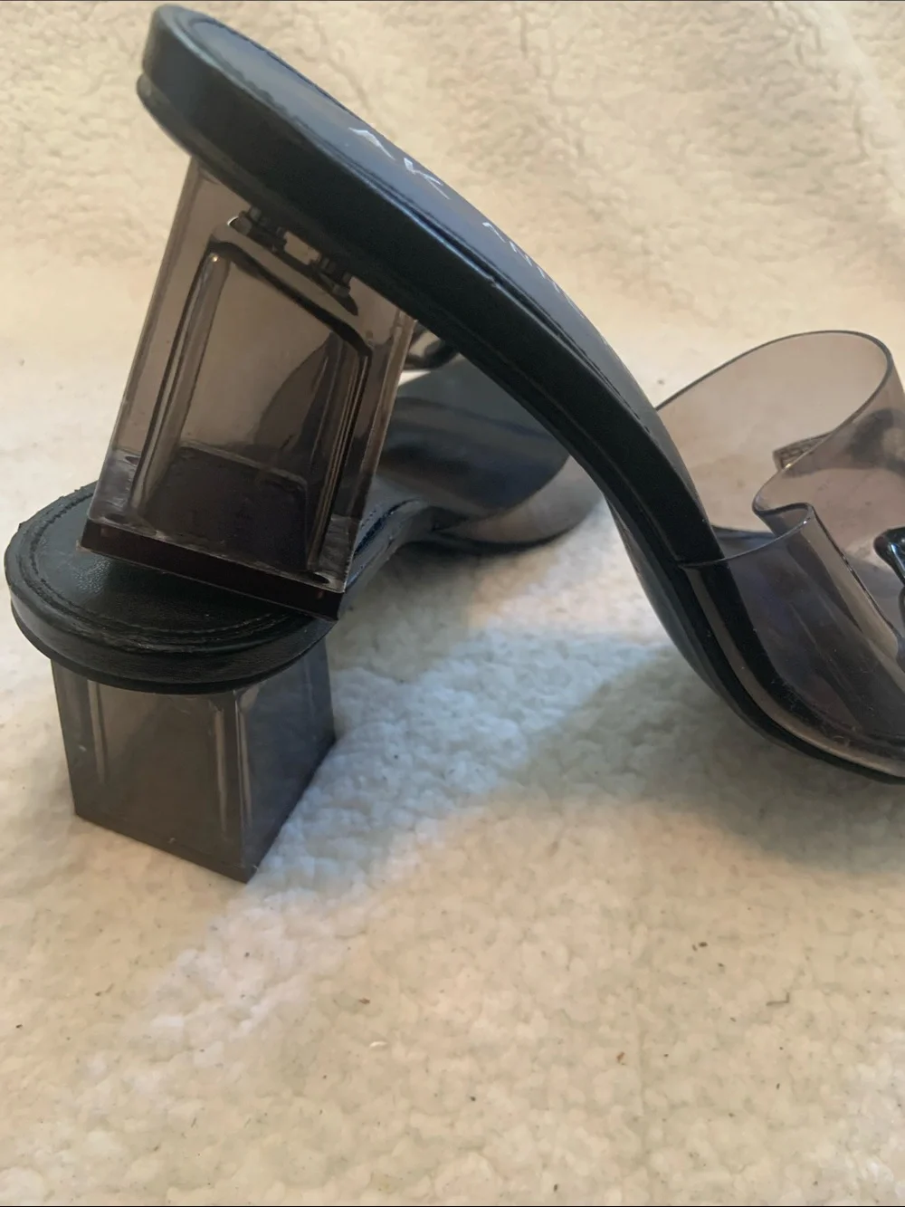 Anne Klein Black Slide Sandals with Clear Strap and Chain Accent